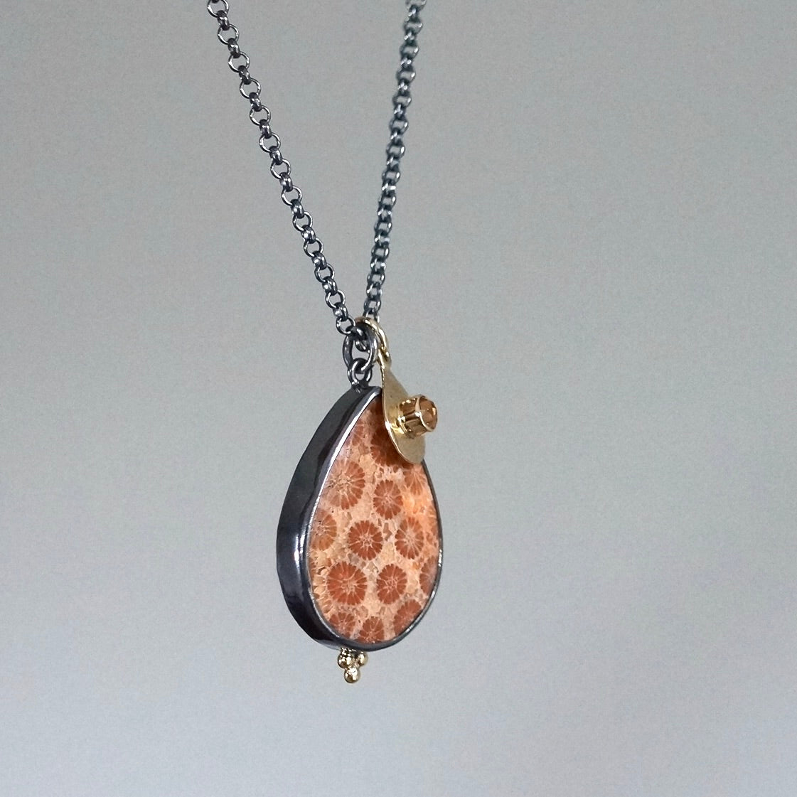 Flowering coral and solid gold sapphire charm necklace