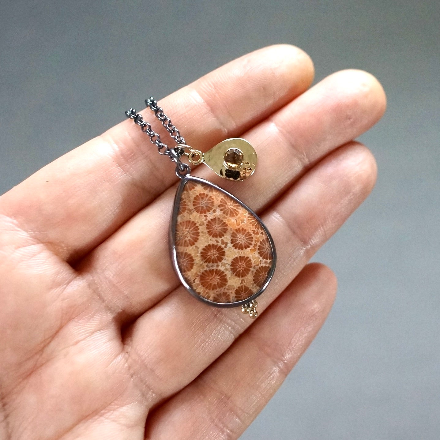 Flowering coral and solid gold sapphire charm necklace