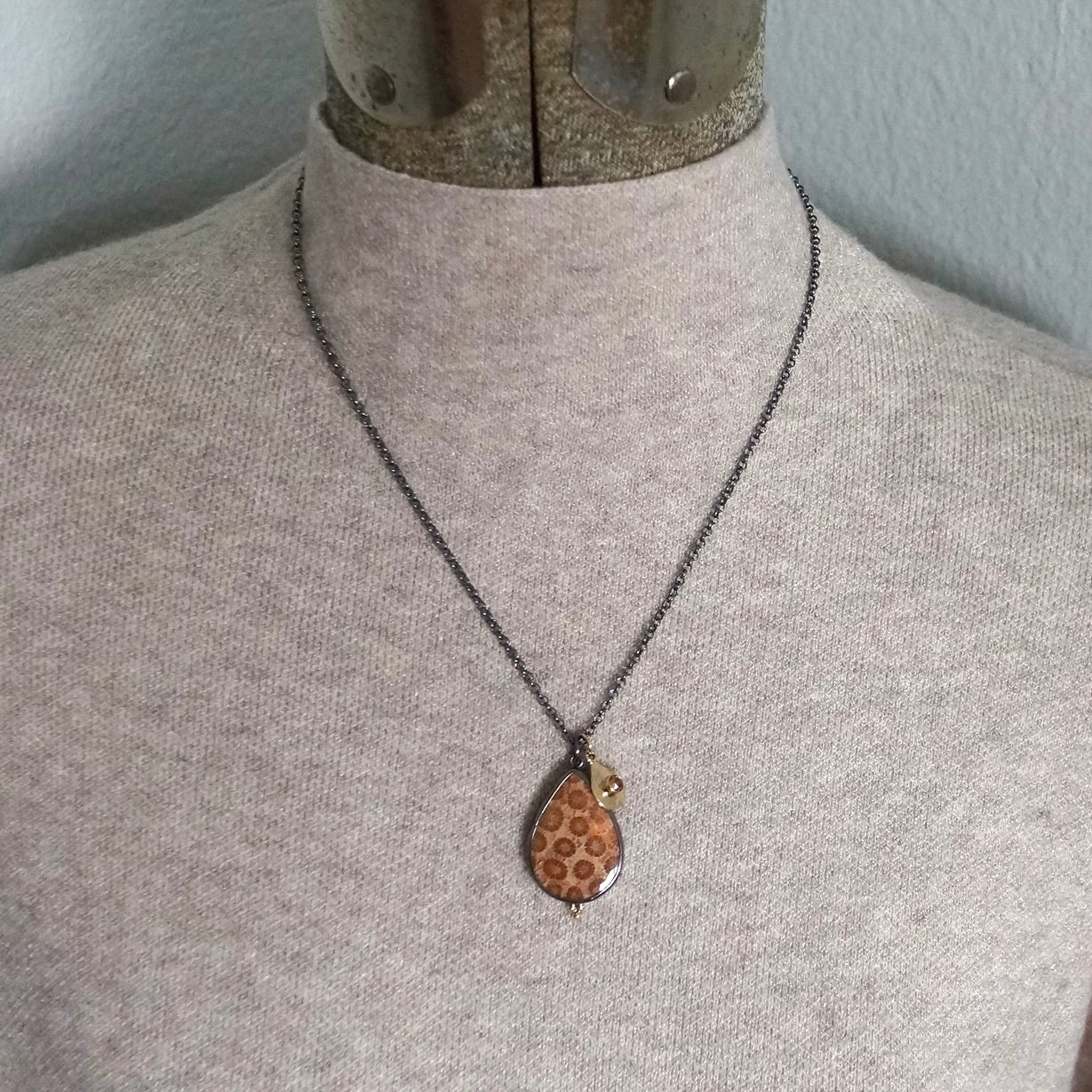 Flowering coral and solid gold sapphire charm necklace