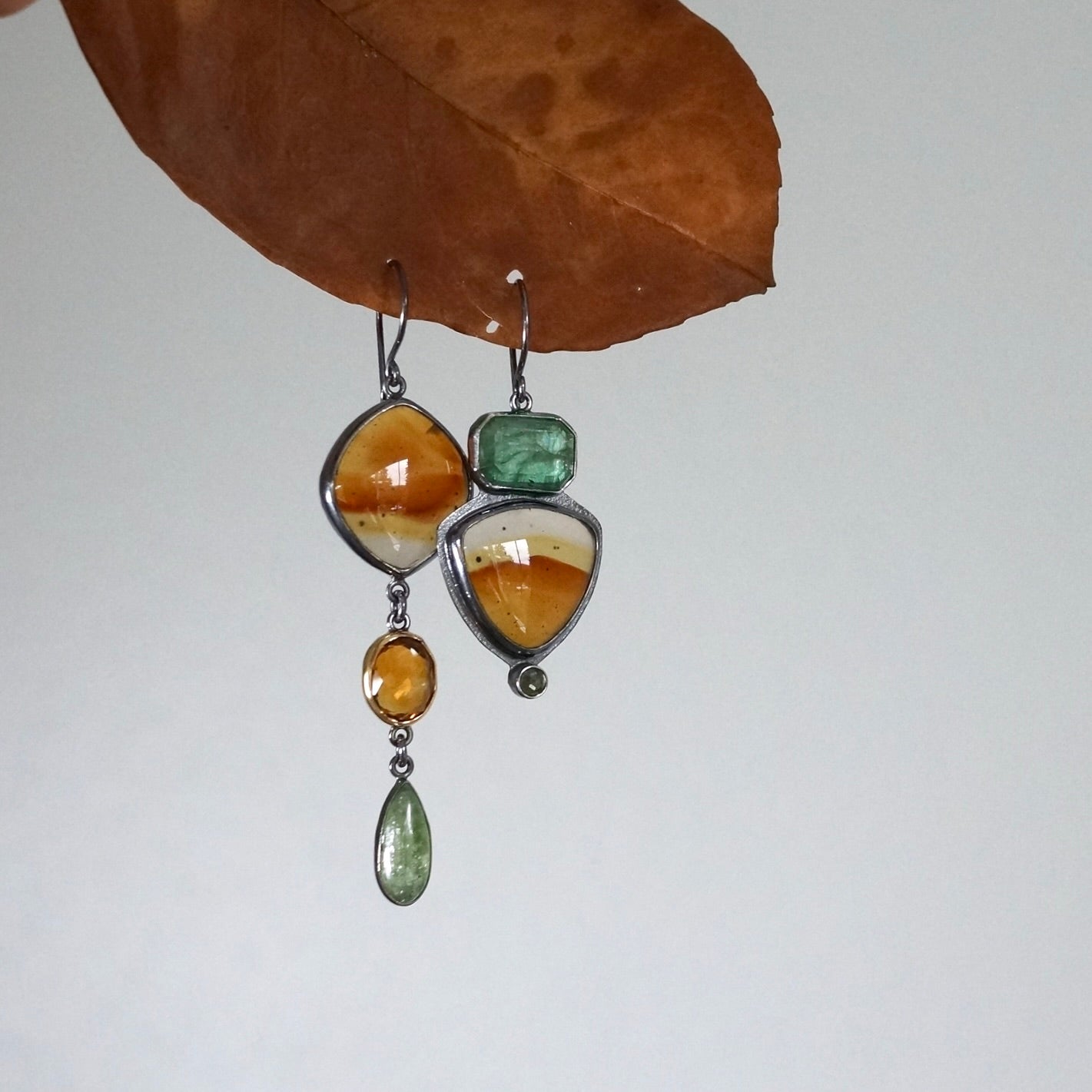 Montana agate, kyanite, citrine and green sapphire earrings