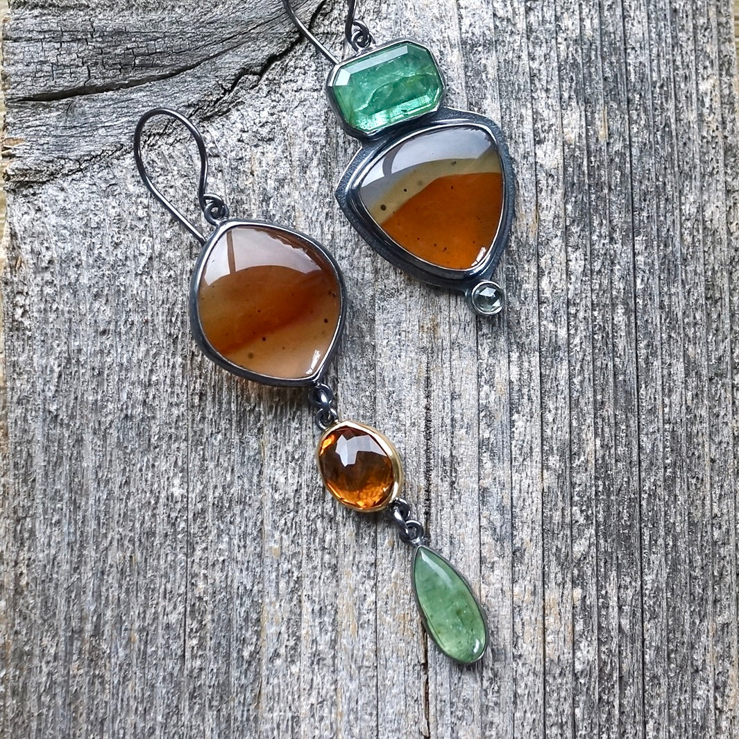 Montana agate, kyanite, citrine and green sapphire earrings