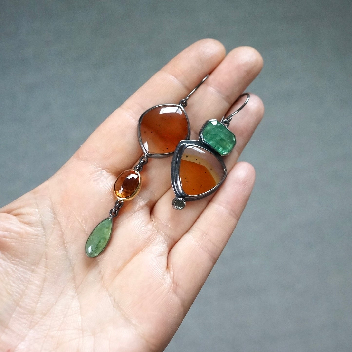 Montana agate, kyanite, citrine and green sapphire earrings