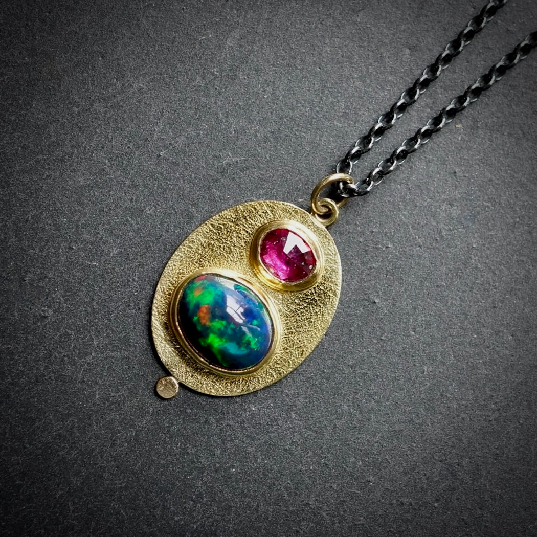 Ethiopian black opal and pink tourmaline pendant