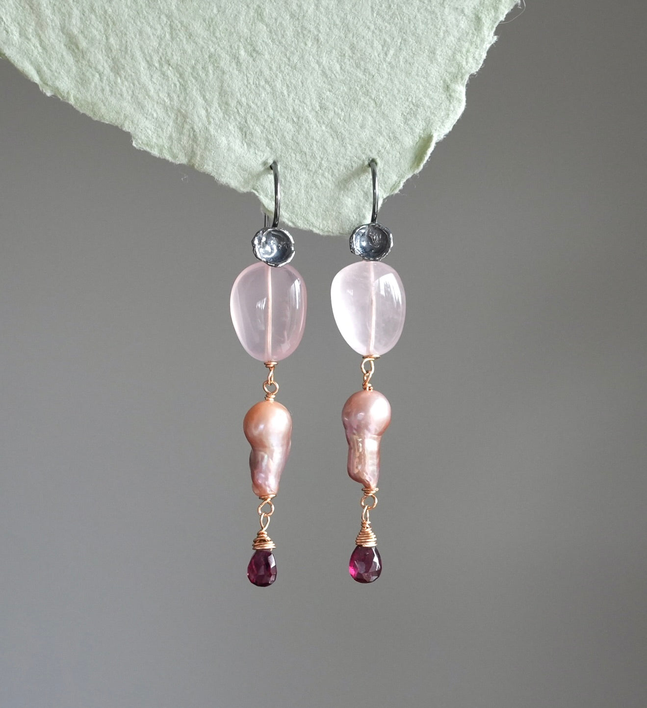 Rose quartz, baroque pearl and garnet earrings