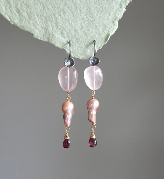 Rose quartz, baroque pearl and garnet earrings