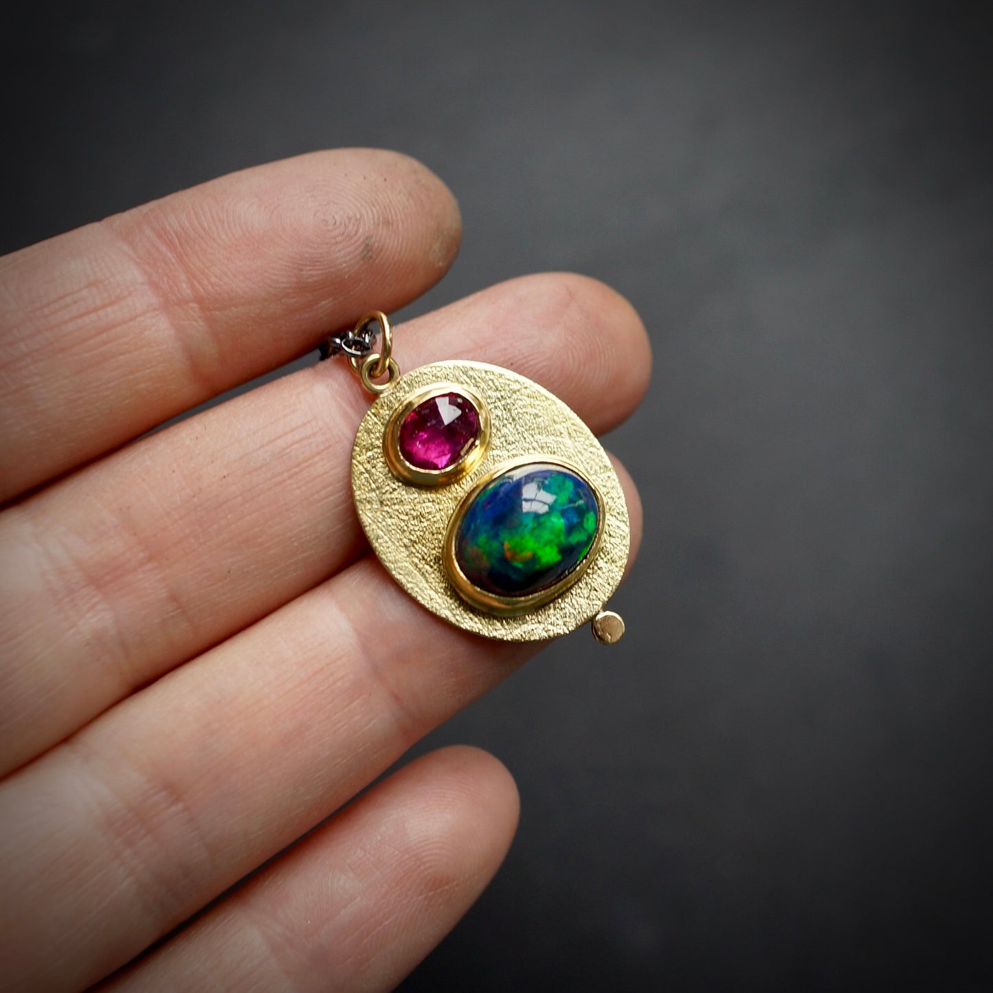 Ethiopian black opal and pink tourmaline pendant