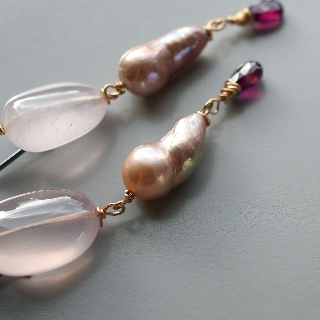 Rose quartz, baroque pearl and garnet earrings