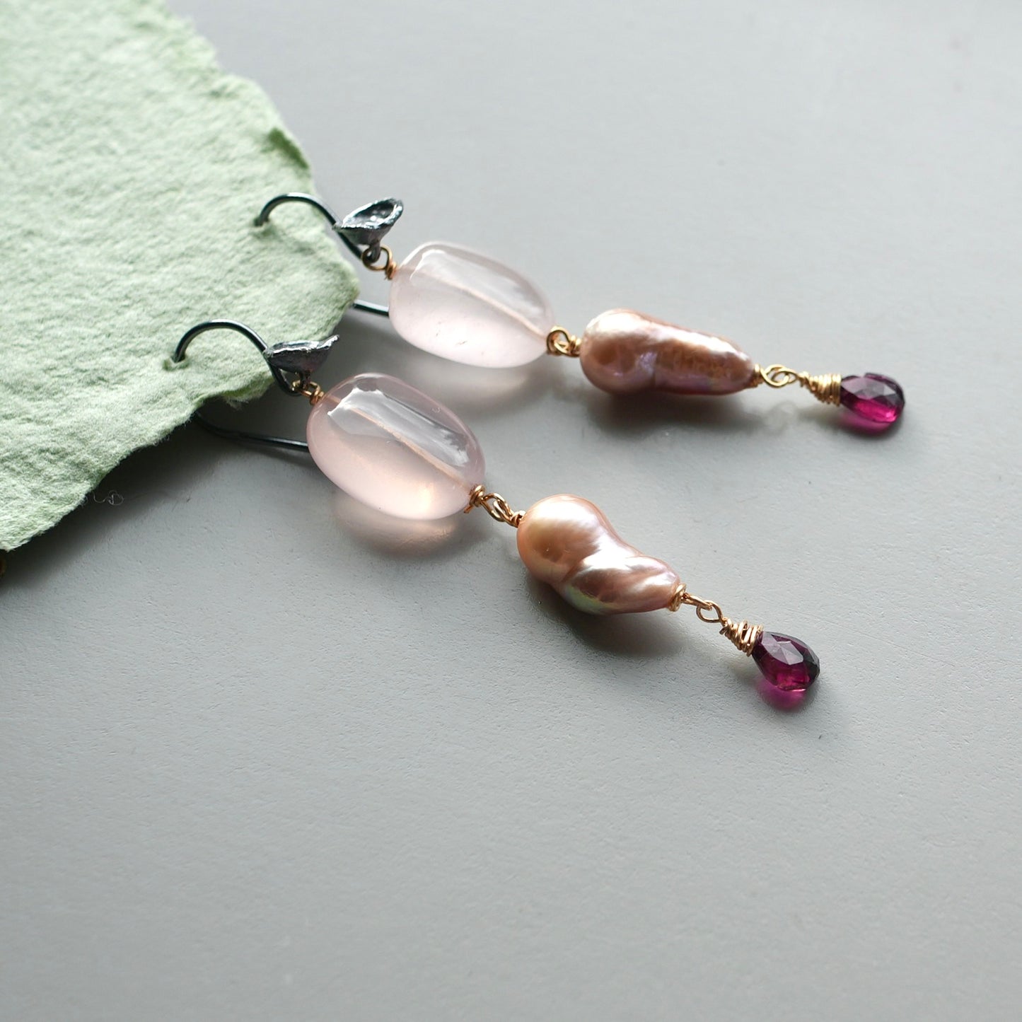 Rose quartz, baroque pearl and garnet earrings