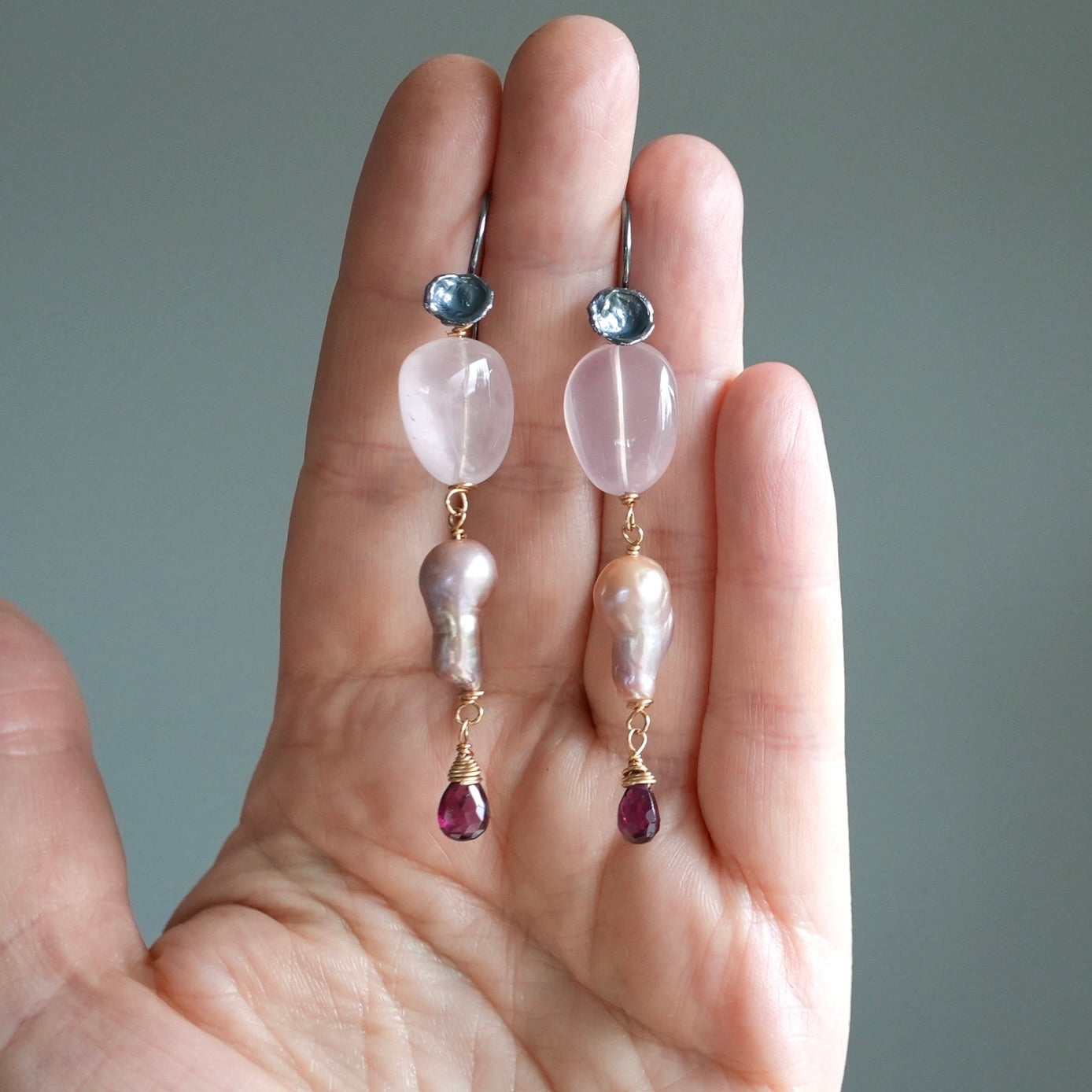 Rose quartz, baroque pearl and garnet earrings