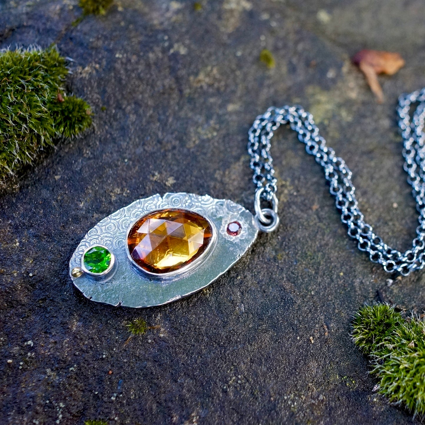 Citrine, chrome diopside and garnet pendant