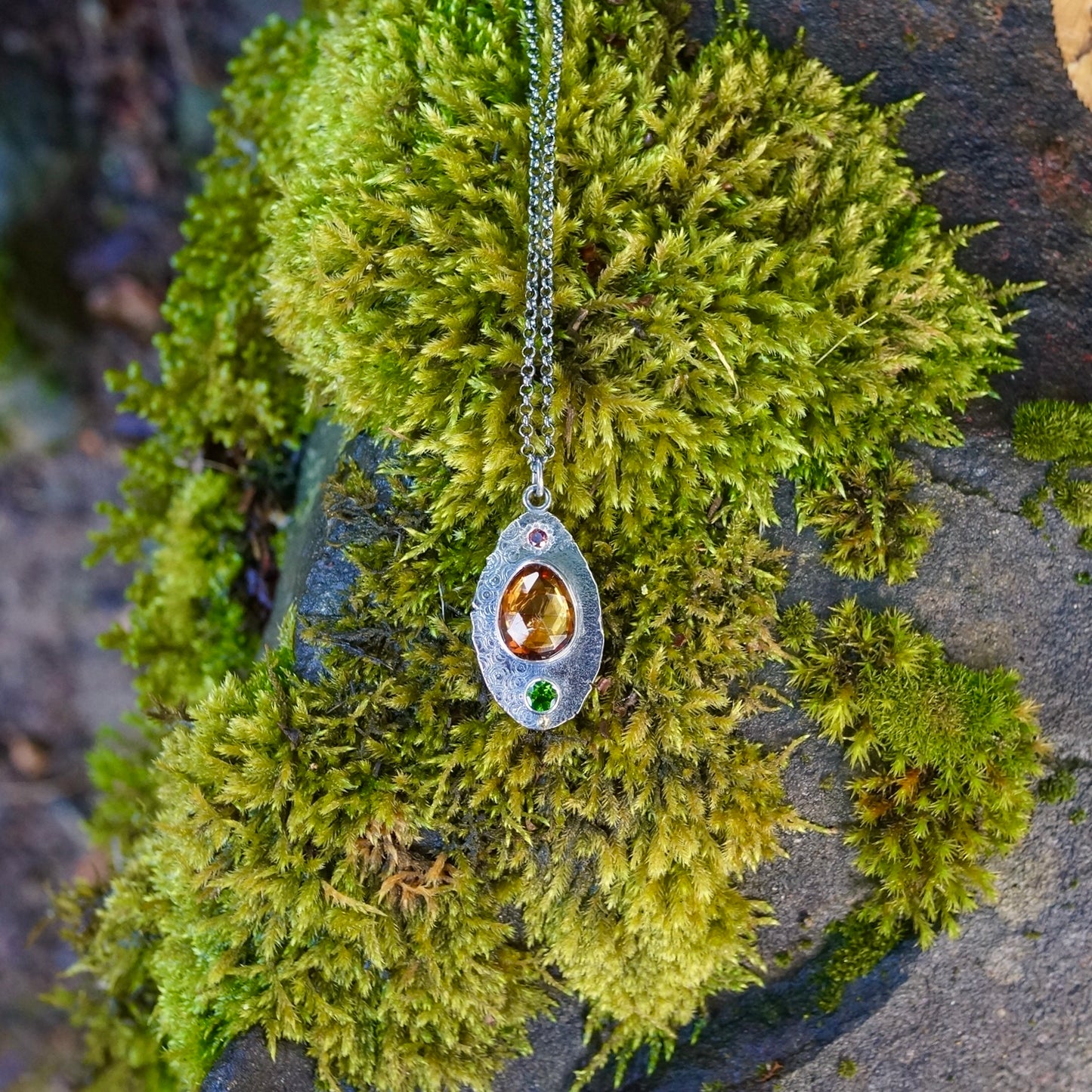Citrine, chrome diopside and garnet pendant