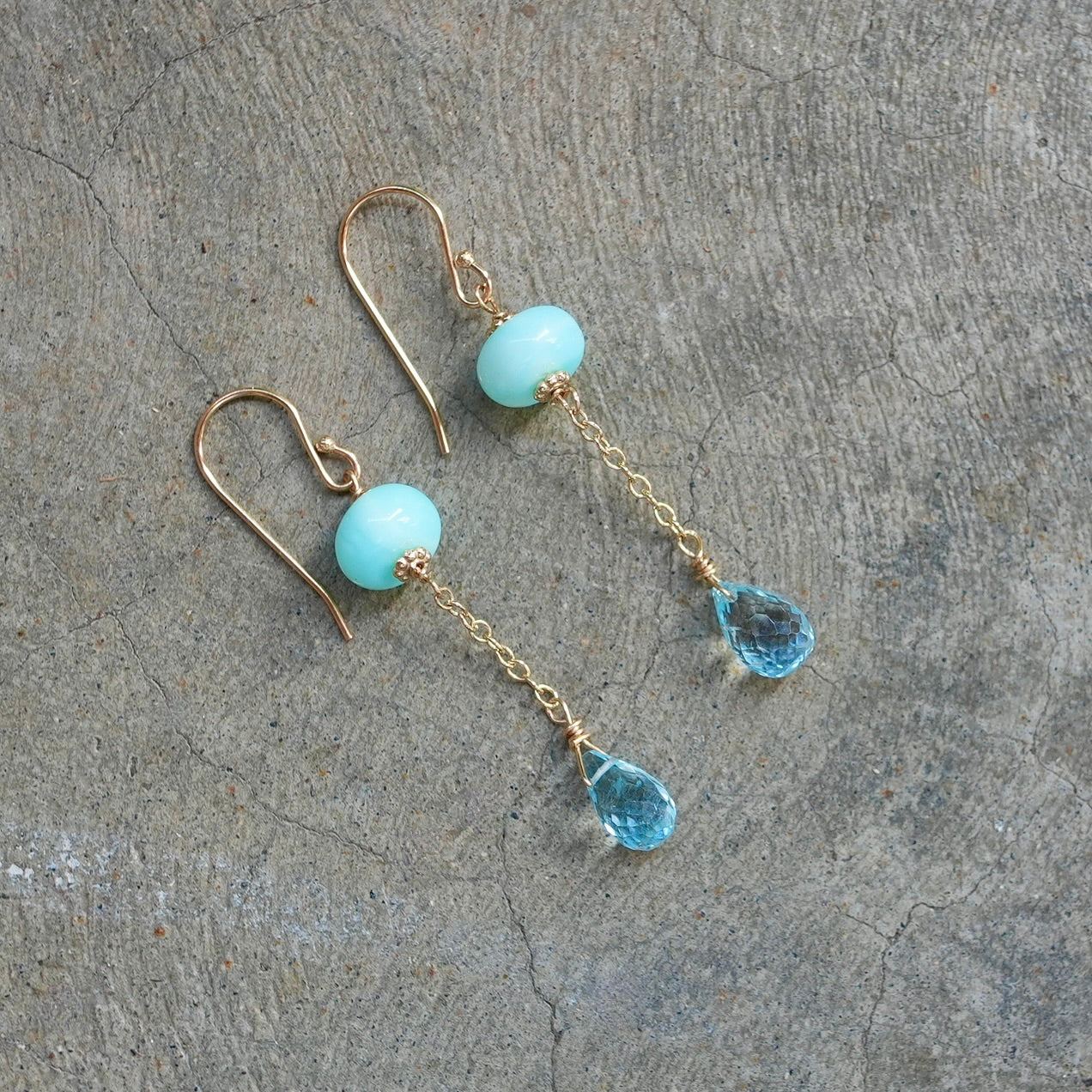 Solid 14K gold Peruvian blue opal and blue topaz earrings