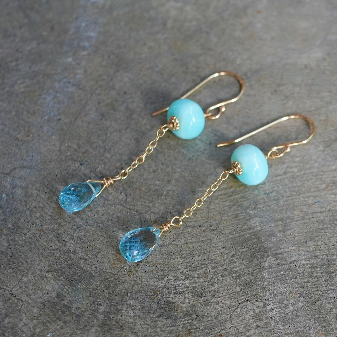 Solid 14K gold Peruvian blue opal and blue topaz earrings