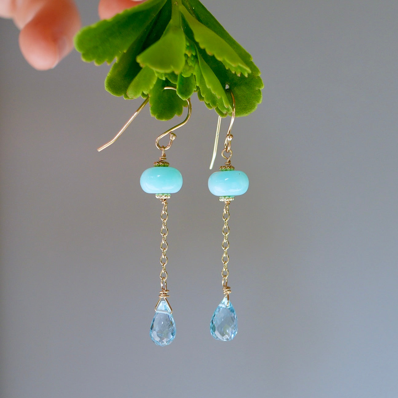 Solid 14K gold Peruvian blue opal and blue topaz earrings