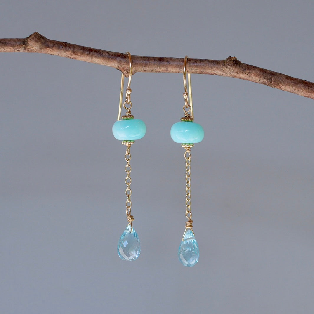 Solid 14K gold Peruvian blue opal and blue topaz earrings