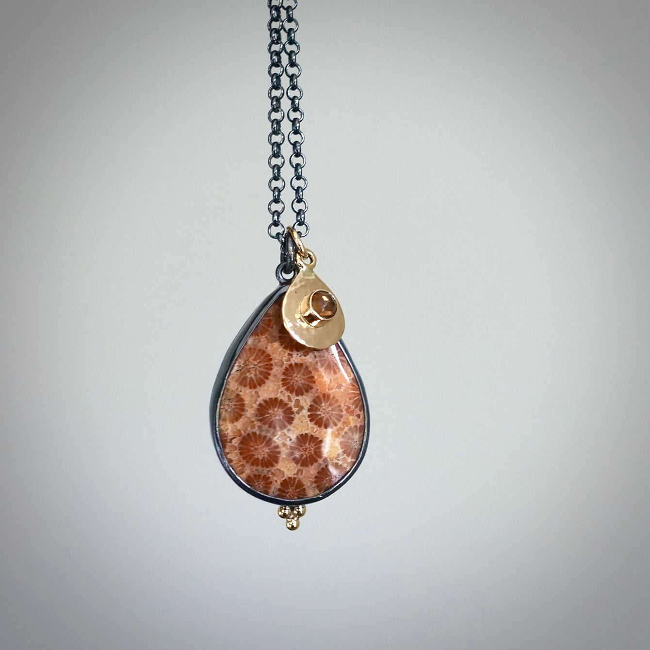 Flowering coral and solid gold sapphire charm necklace