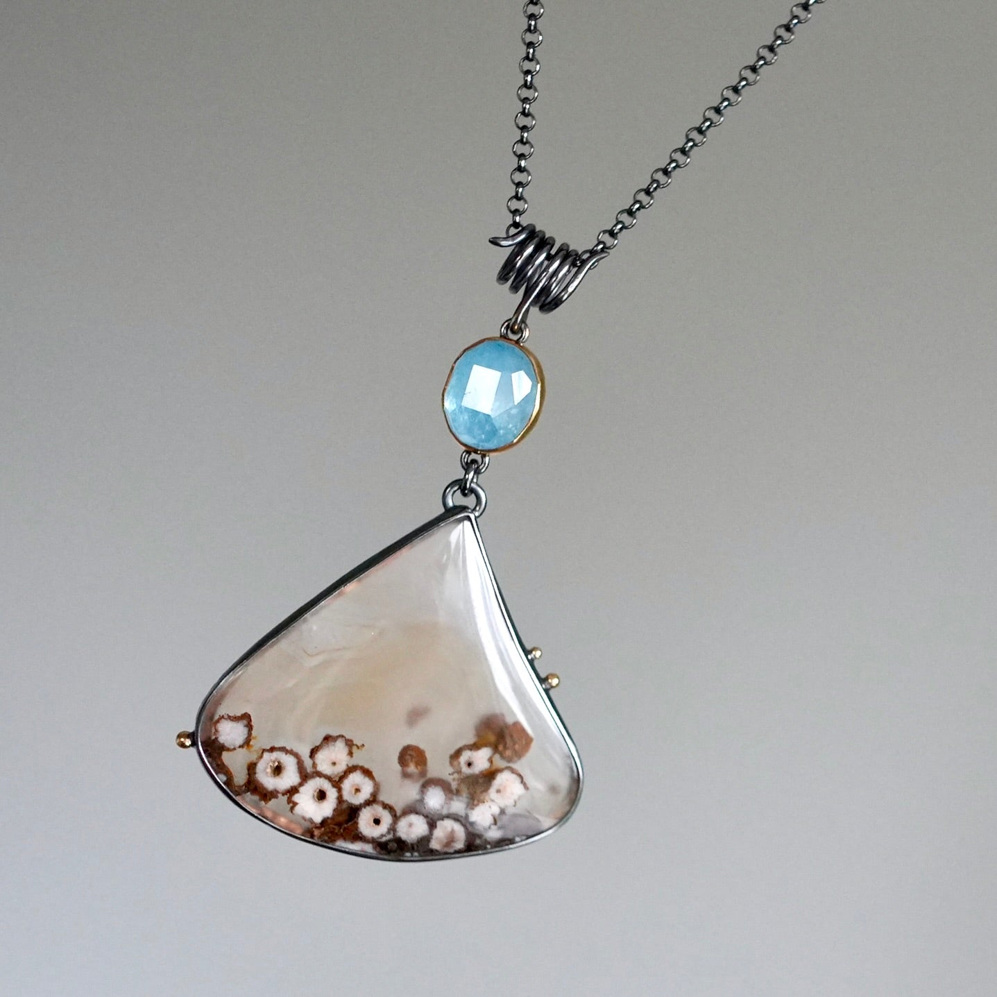 Aquamarine and floral agate pendant