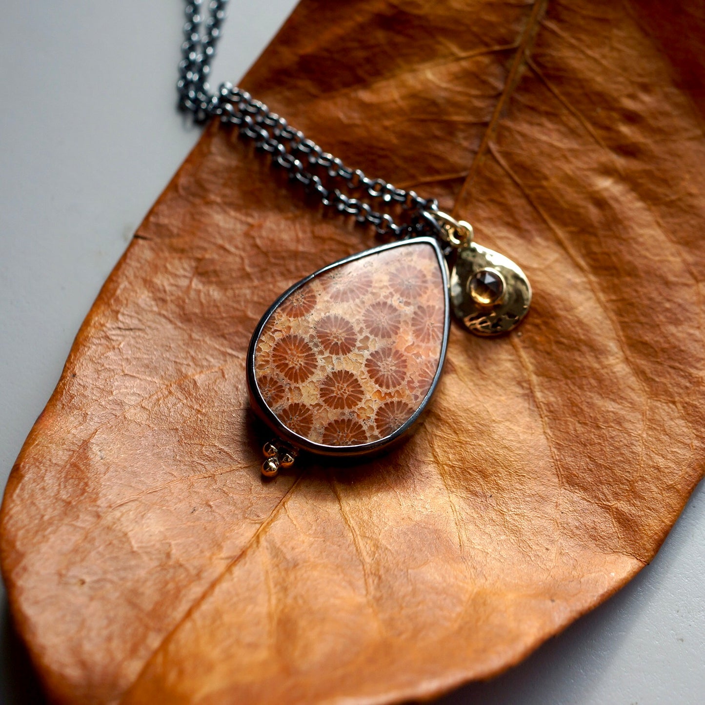 Flowering coral and solid gold sapphire charm necklace