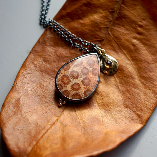 Flowering coral and solid gold sapphire charm necklace