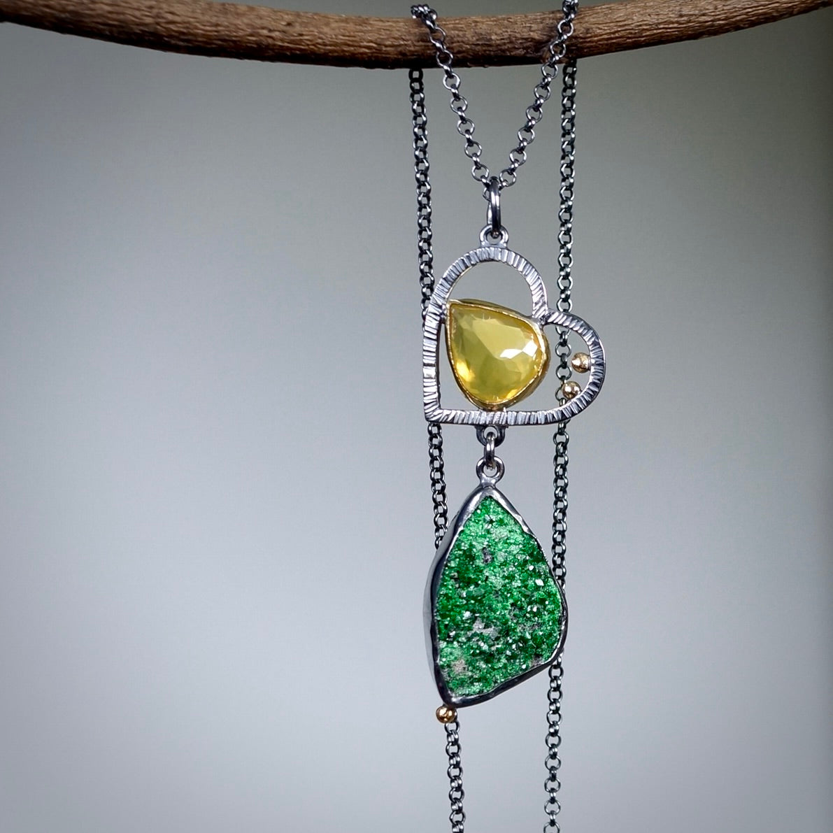 Uvarovite druzy and yellow opal pendant