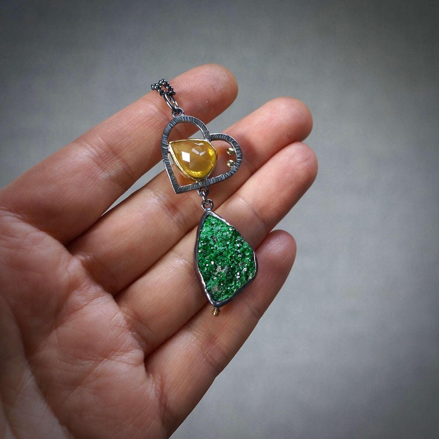 Uvarovite druzy and yellow opal pendant