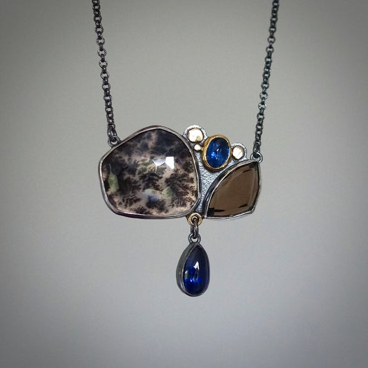 Dendritic agate, smokey quartz and blue kyanite necklace