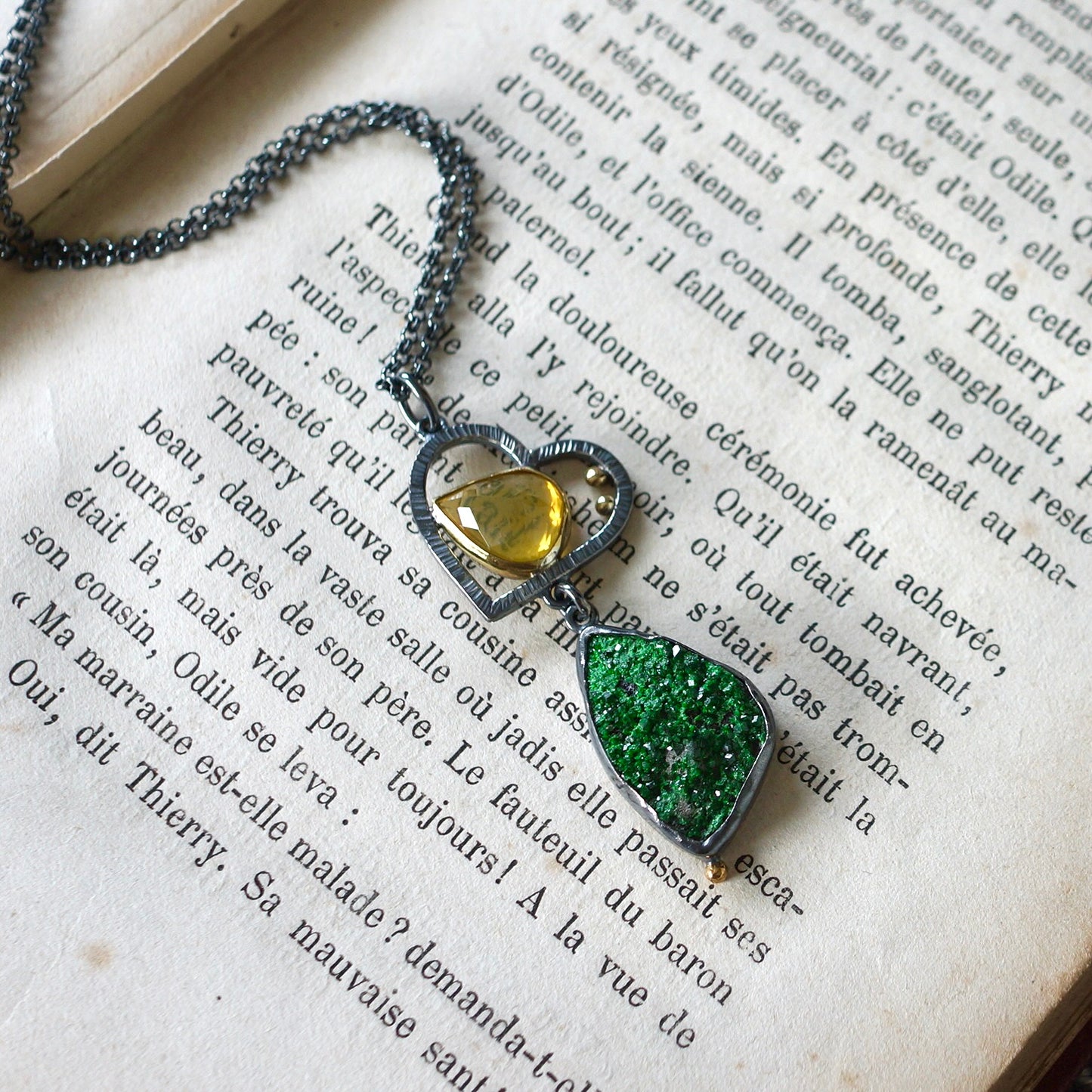 Uvarovite druzy and yellow opal pendant