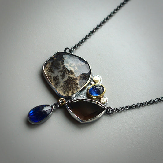 Dendritic agate, smokey quartz and blue kyanite necklace