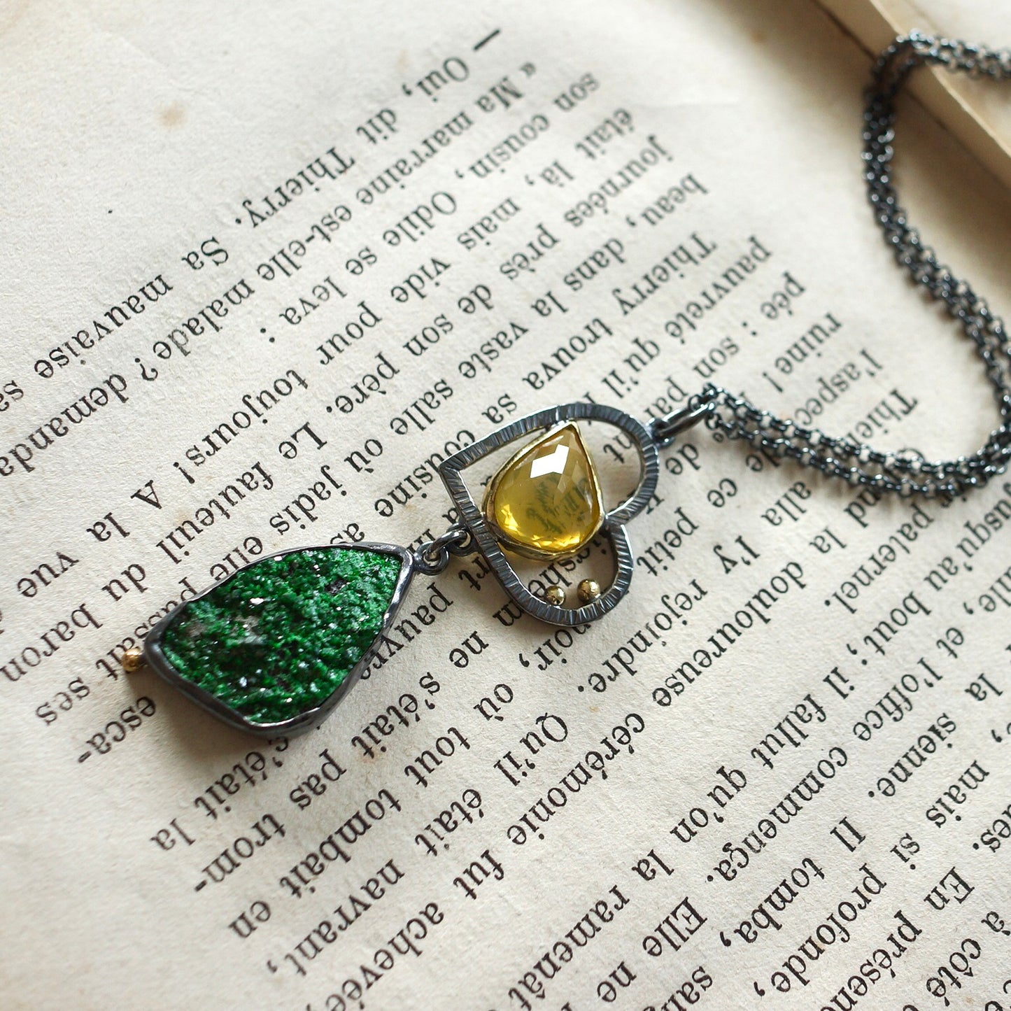 Uvarovite druzy and yellow opal pendant