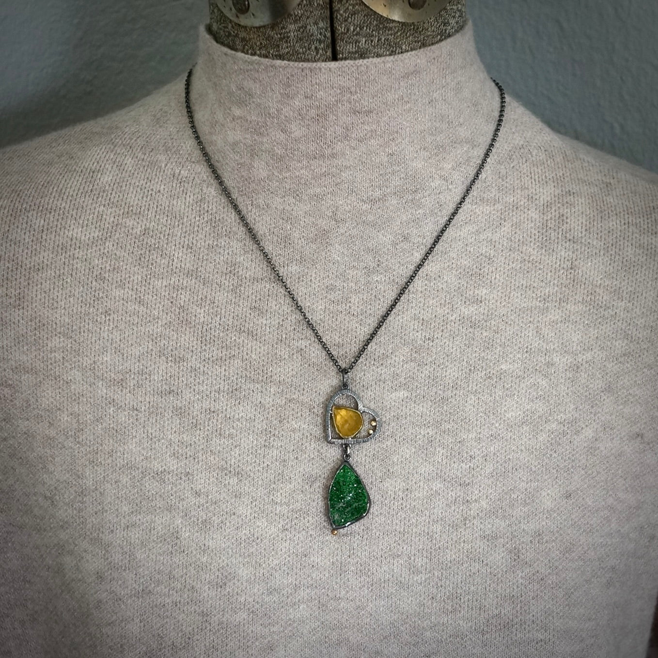 Uvarovite druzy and yellow opal pendant