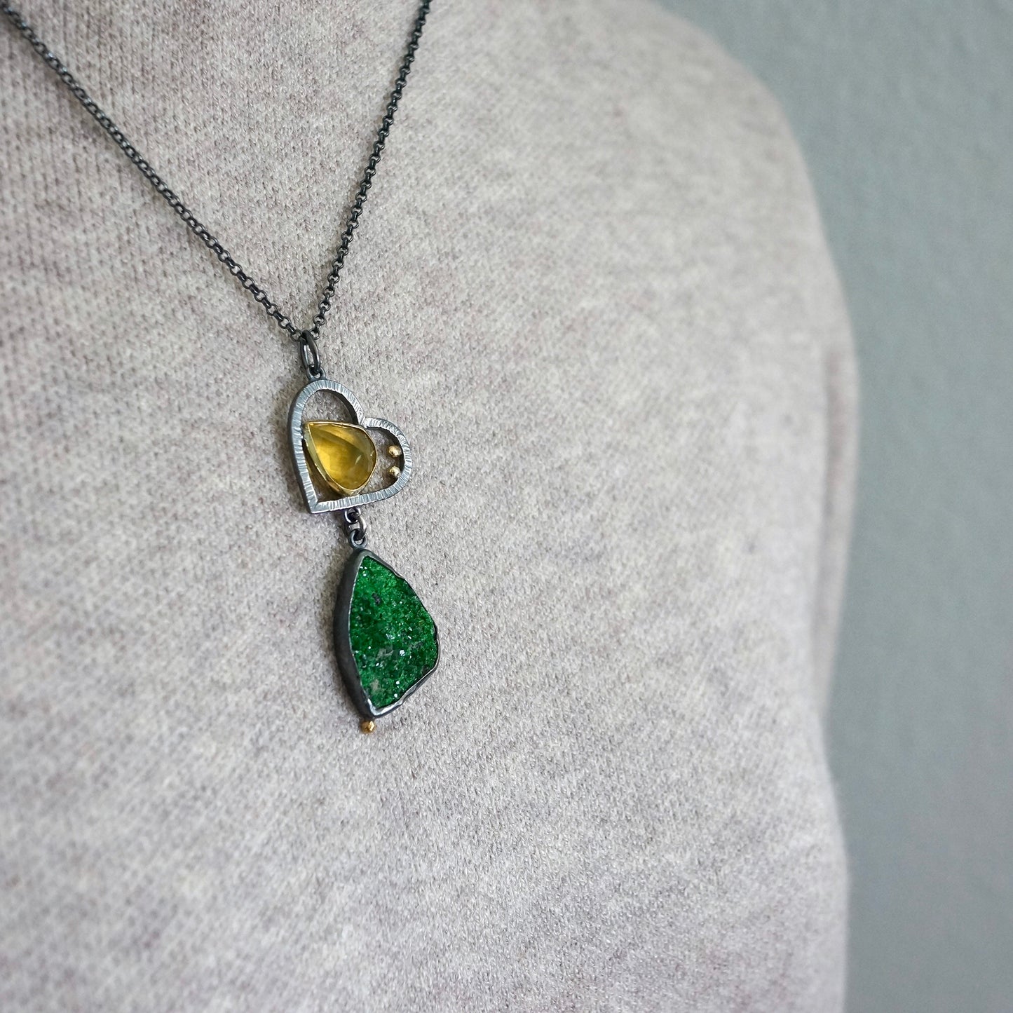 Uvarovite druzy and yellow opal pendant