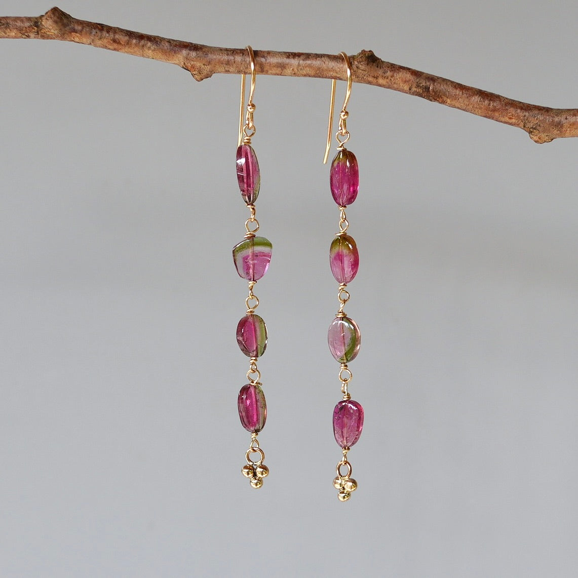 Solid 14K gold watermelon tourmaline earrings