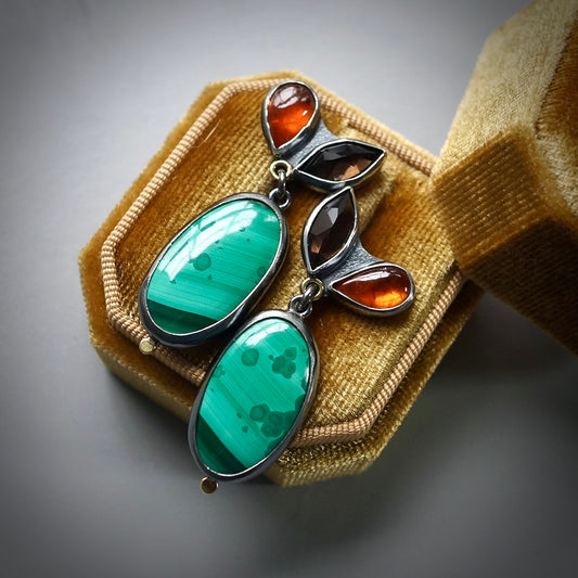 Malachite, smokey quartz and spessartine garnet earrings