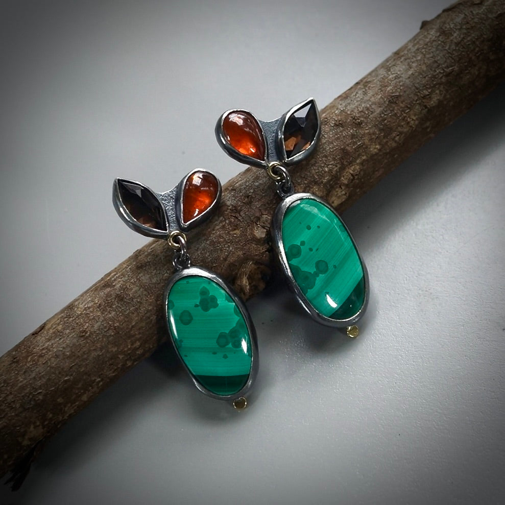 Malachite, smokey quartz and spessartine garnet earrings