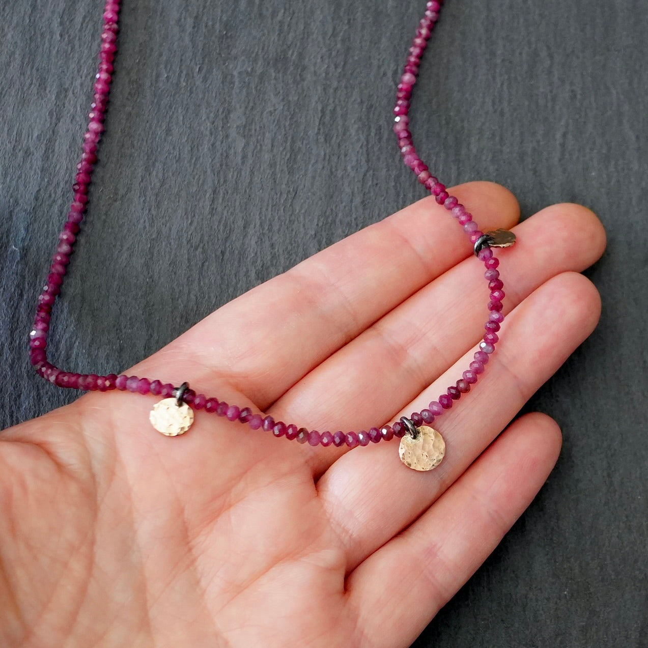 Pink tourmaline necklace with solid 14K rose gold disc charms and clasp