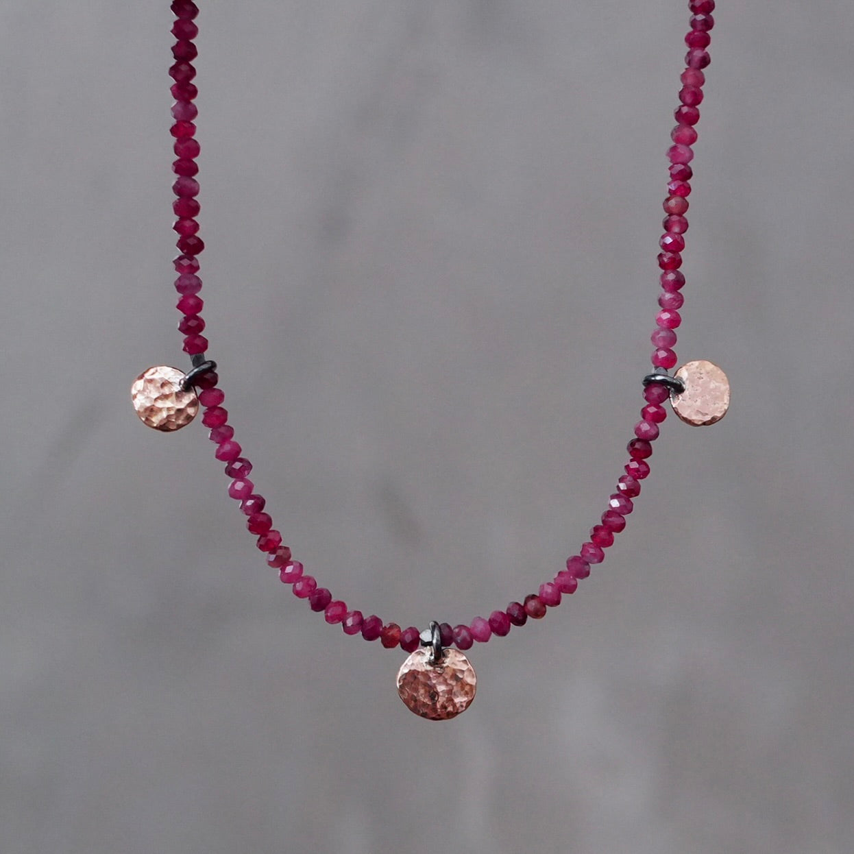 Pink tourmaline necklace with solid 14K rose gold disc charms and clasp