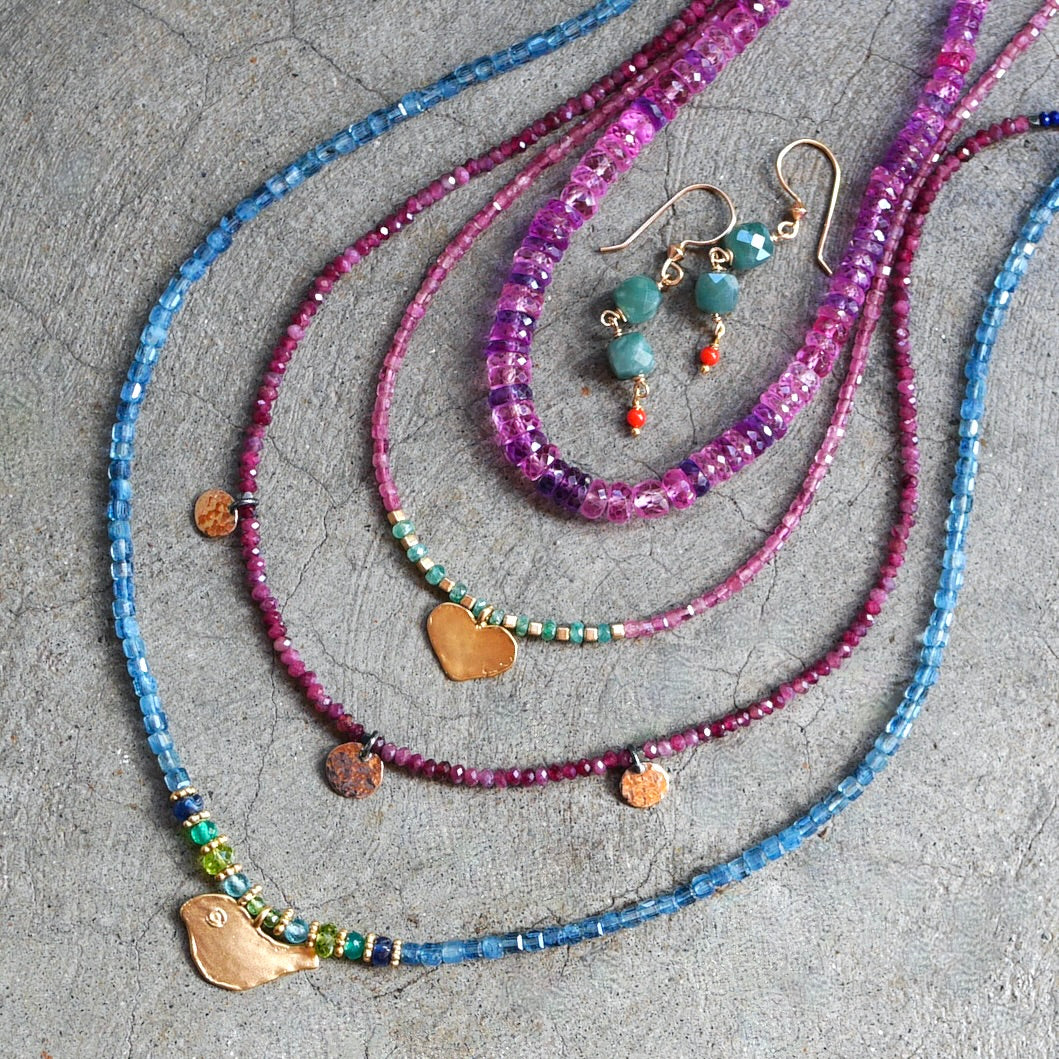 Pink tourmaline necklace with solid 14K rose gold disc charms and clasp