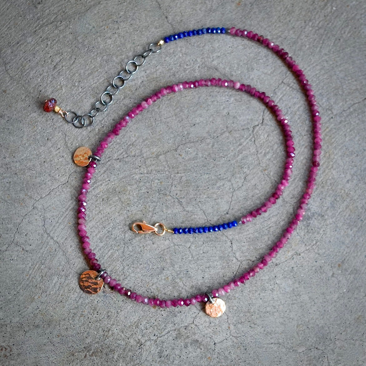 Pink tourmaline necklace with solid 14K rose gold disc charms and clasp