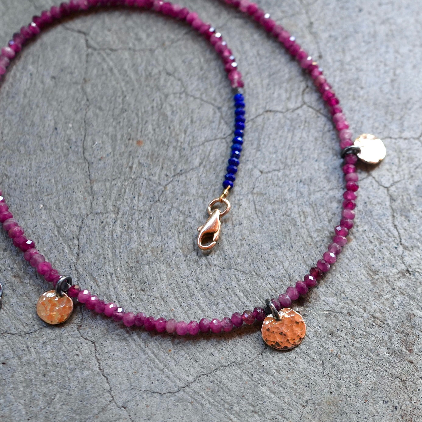 Pink tourmaline necklace with solid 14K rose gold disc charms and clasp