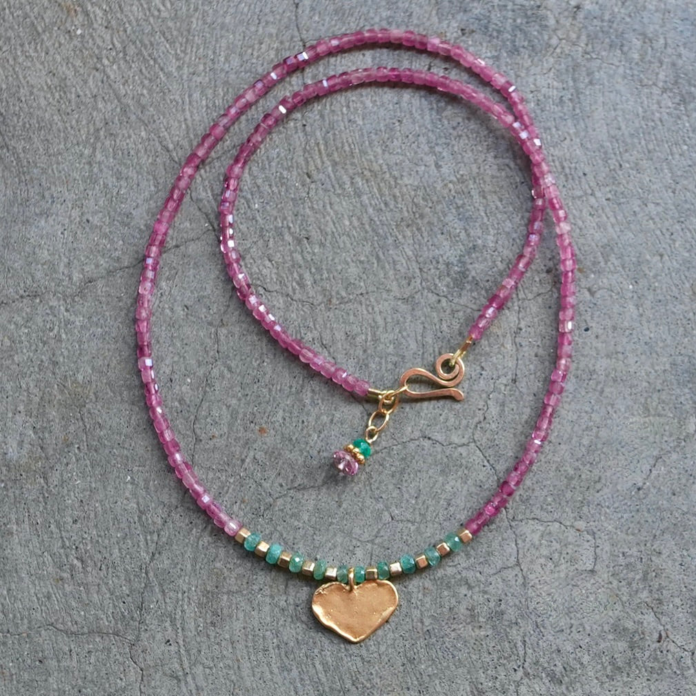 Pink tourmaline necklace with gold heart