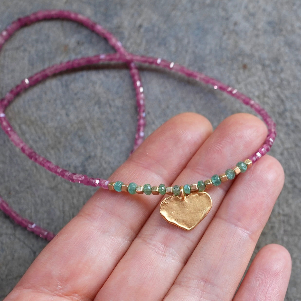 Pink tourmaline necklace with gold heart