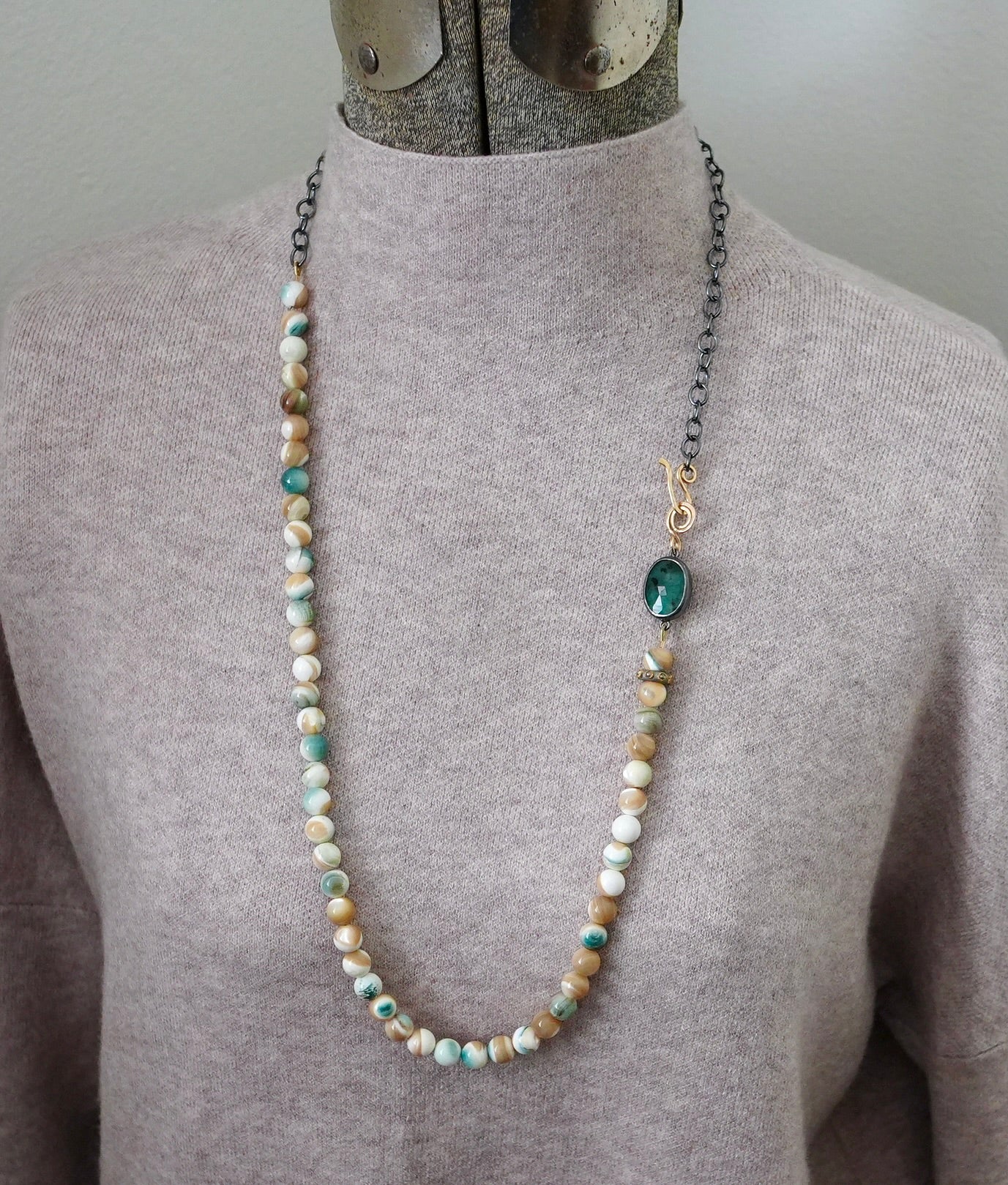 Beige and green mother of pearl necklace with accent diamond bead and rose cut emerald set in bezel