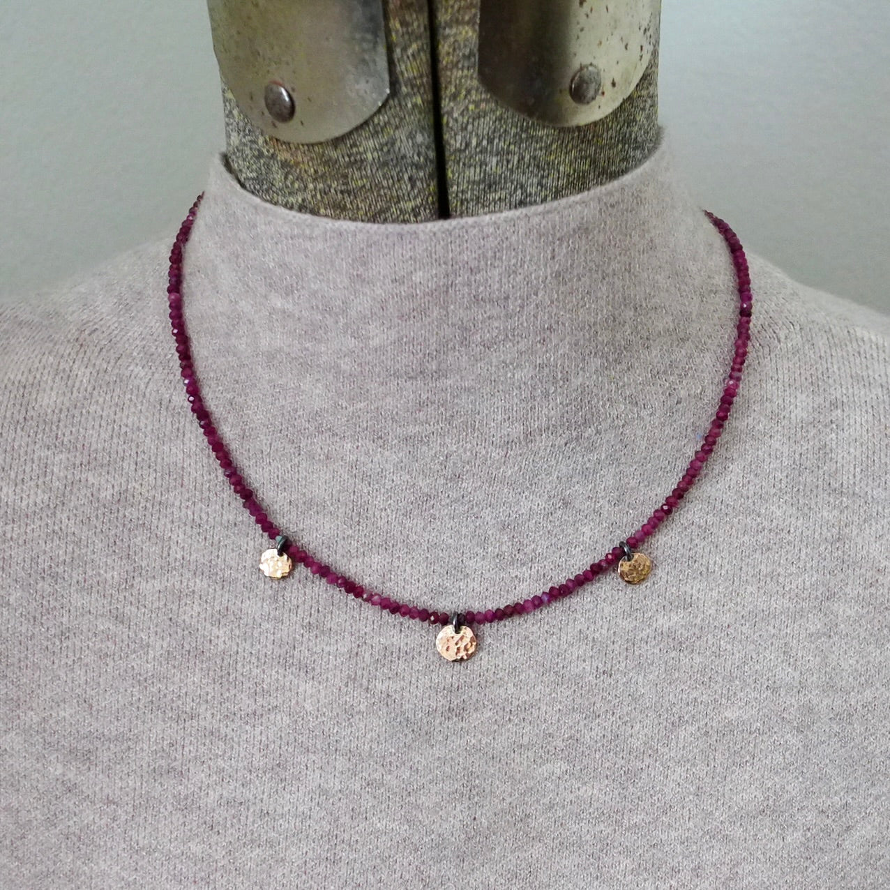 Pink tourmaline necklace with solid 14K rose gold disc charms and clasp