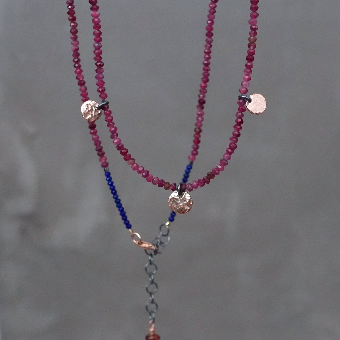 Pink tourmaline necklace with solid 14K rose gold disc charms and clasp
