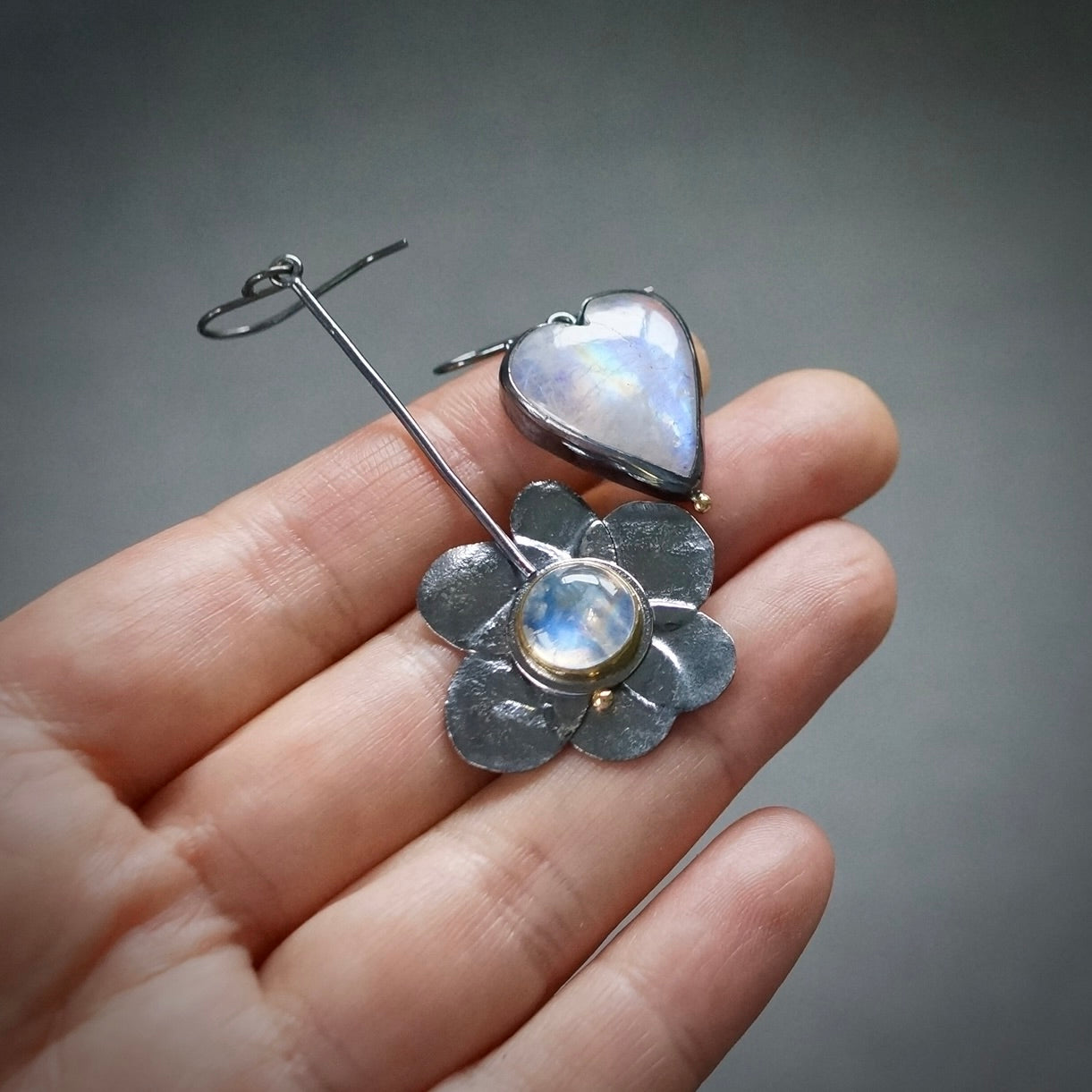 Hearts & Flowers Earrings with rainbow moonstone