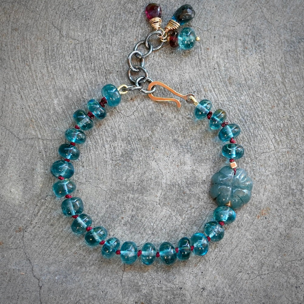 London blue topaz, jade and garnet silk-knotted bracelet