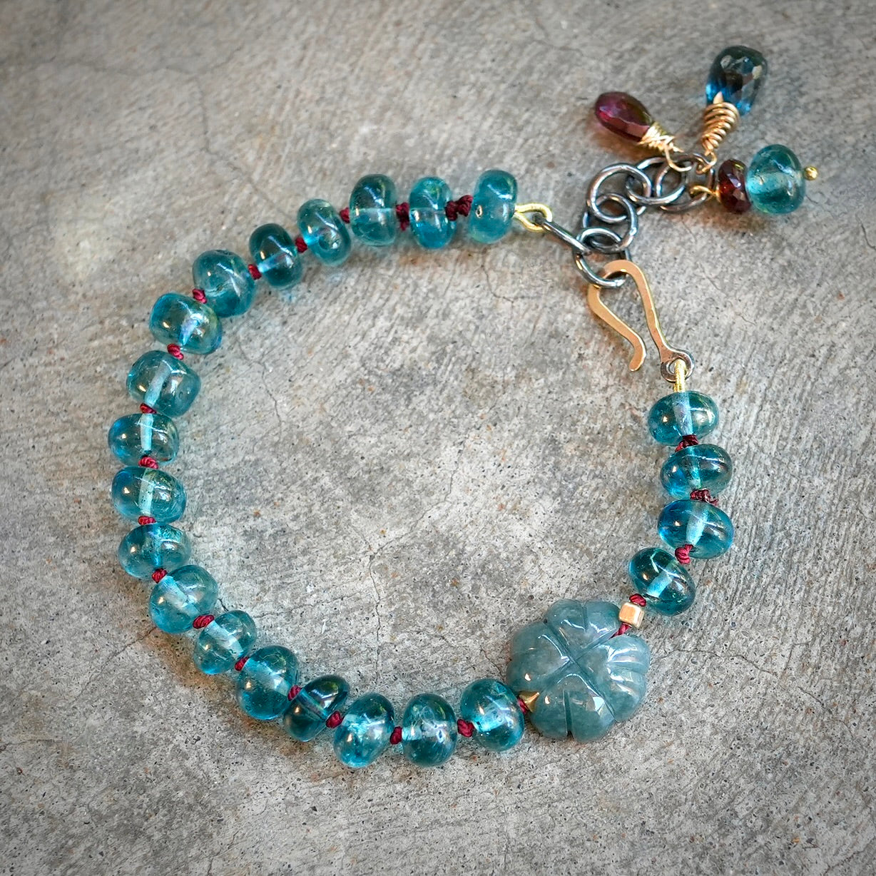London blue topaz, jade and garnet silk-knotted bracelet
