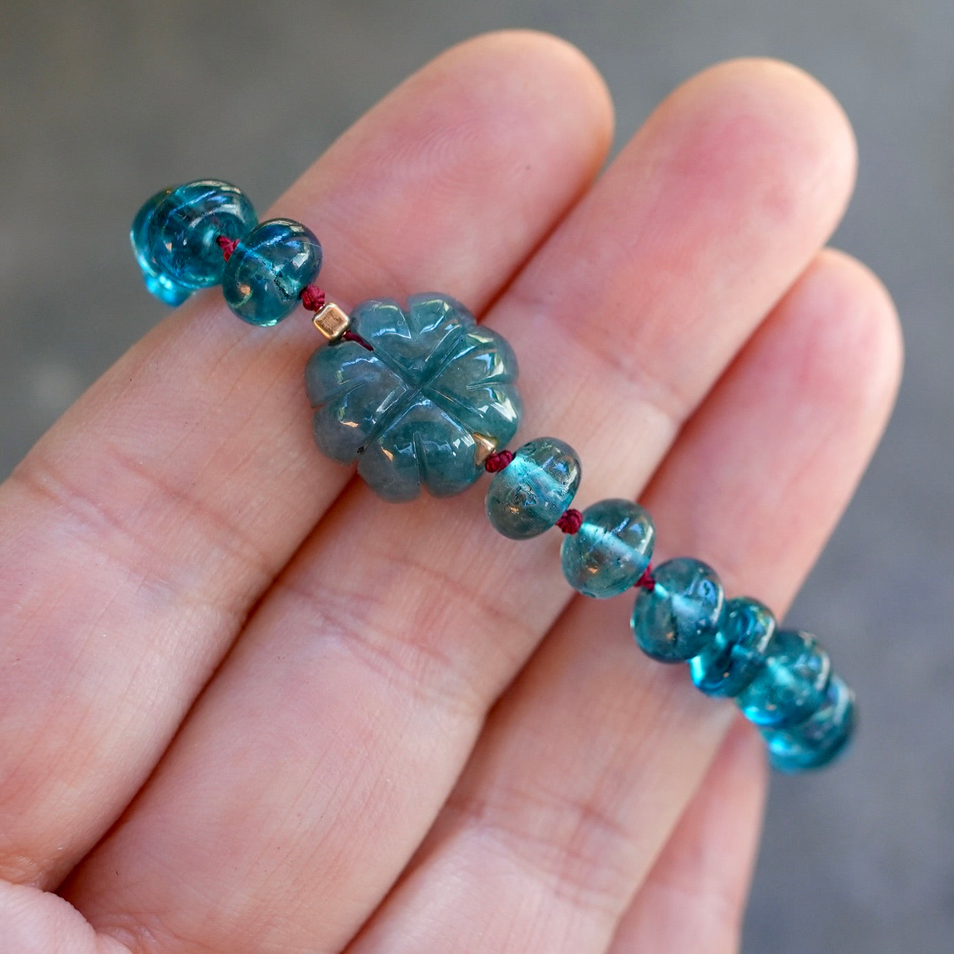 London blue topaz, jade and garnet silk-knotted bracelet