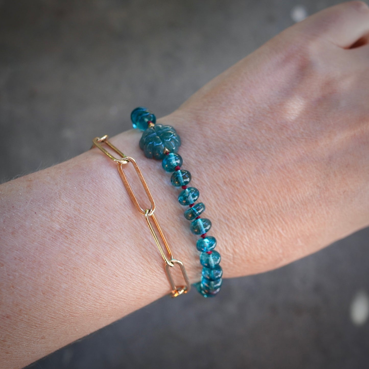 London blue topaz, jade and garnet silk-knotted bracelet