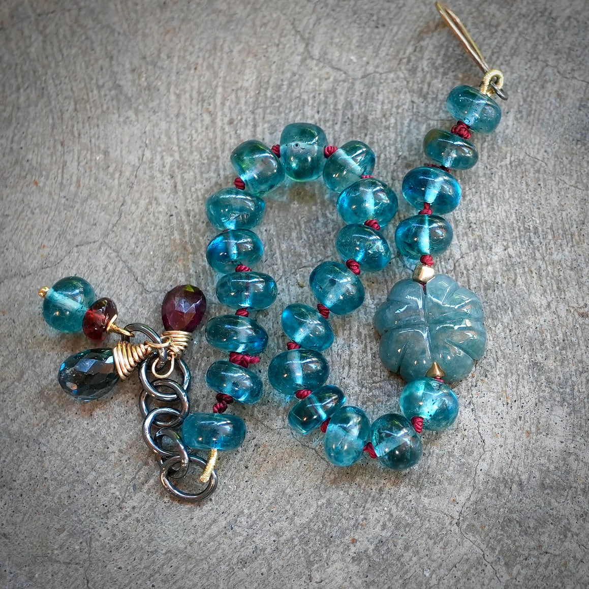 London blue topaz, jade and garnet silk-knotted bracelet
